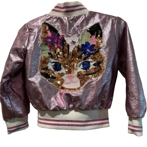 Hannah Banana Girl's Metallic Bomber Jacket w/ Sequin Cat Face - Picture 5 of 7